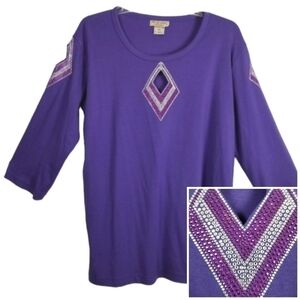 Isaac's Designs Casuals 3/4 Cut Out Sleeve Top Stretchy Rhinestone Purple Sz 1XL